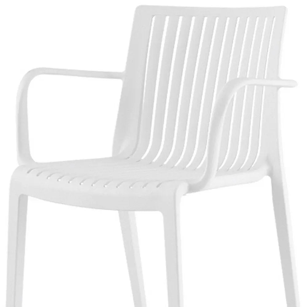 Set of Two White Heavy Duty Plastic Outdoor Stacking Arm Chairs - NOBLE HOME INTERIORS