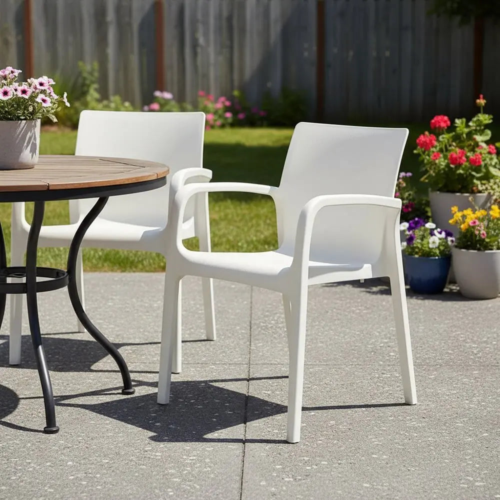 Set of Two White Heavy Duty Plastic Outdoor Stacking Dining Chairs - NOBLE HOME INTERIORS