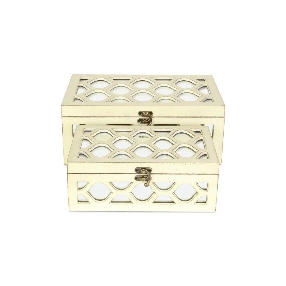 Set of Two White Mirrored Glass And Solid Wood Box With Lid - NOBLE HOME INTERIORS