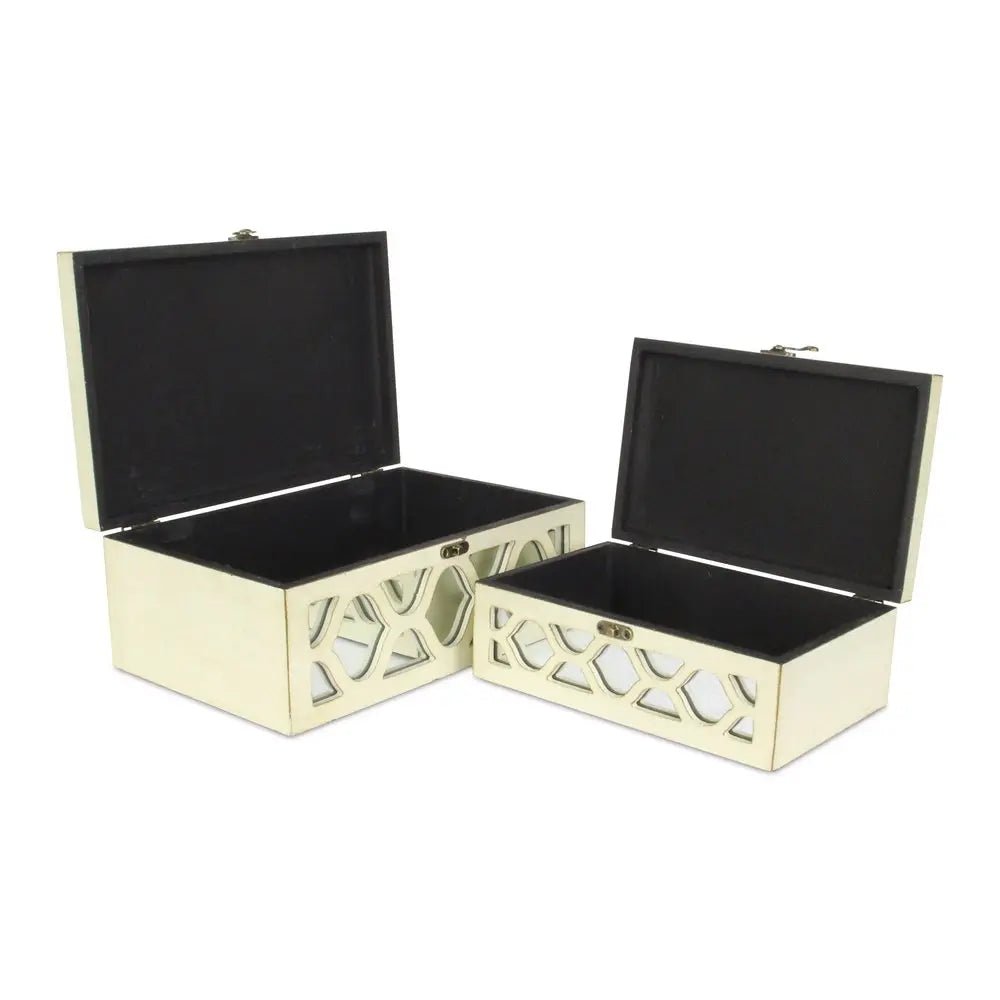 Set of Two White Mirrored Glass And Solid Wood Box With Lid - NOBLE HOME INTERIORS