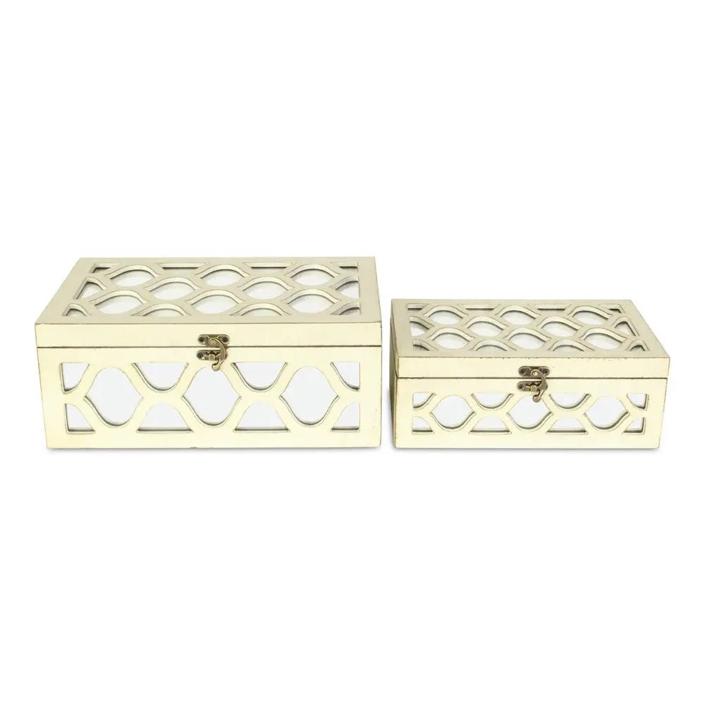 Set of Two White Mirrored Glass And Solid Wood Box With Lid - NOBLE HOME INTERIORS
