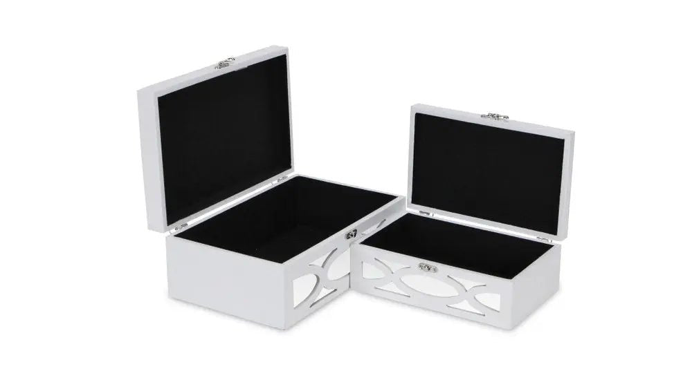 Set of Two White Mirrored Glass And Wood Box With Lid - NOBLE HOME INTERIORS