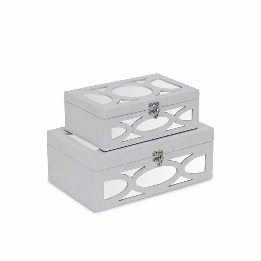 Set of Two White Mirrored Glass And Wood Box With Lid - NOBLE HOME INTERIORS