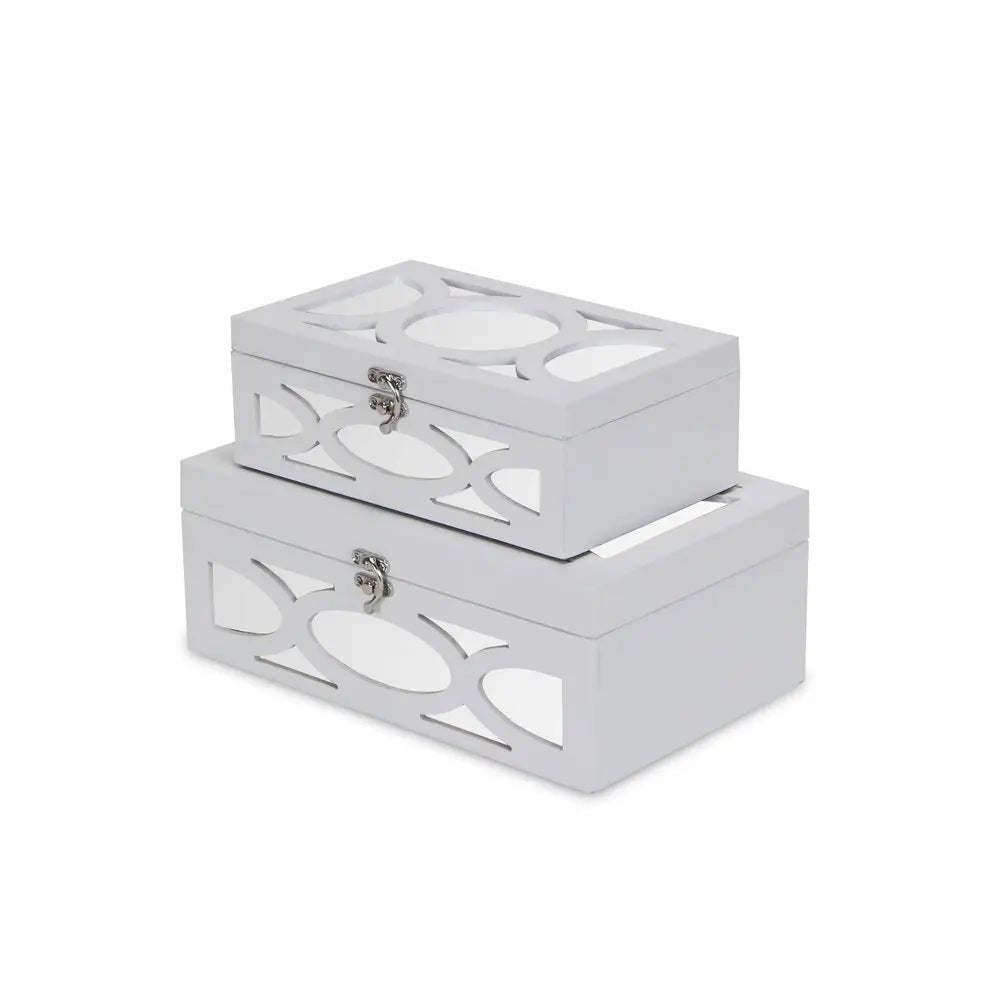 Set of Two White Mirrored Glass And Wood Box With Lid - NOBLE HOME INTERIORS