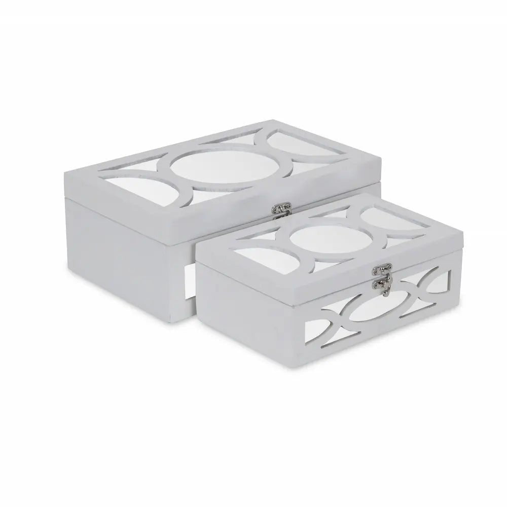 Set of Two White Mirrored Glass And Wood Box With Lid - NOBLE HOME INTERIORS