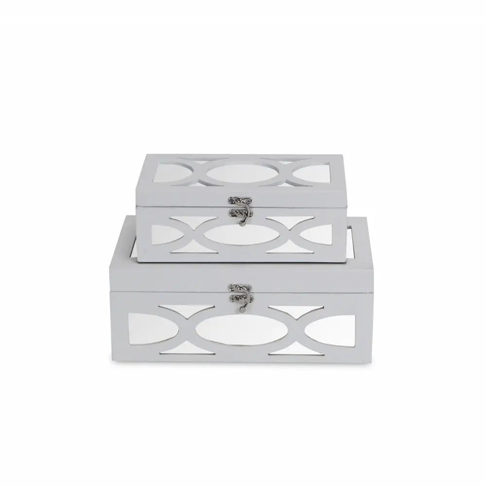 Set of Two White Mirrored Glass And Wood Box With Lid - NOBLE HOME INTERIORS