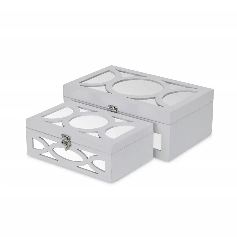 Set of Two White Mirrored Glass And Wood Box With Lid - NOBLE HOME INTERIORS