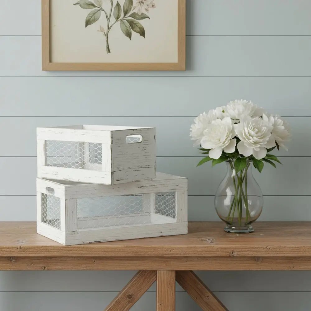 Set of Two White Solid Wood Crate - NOBLE HOME INTERIORS