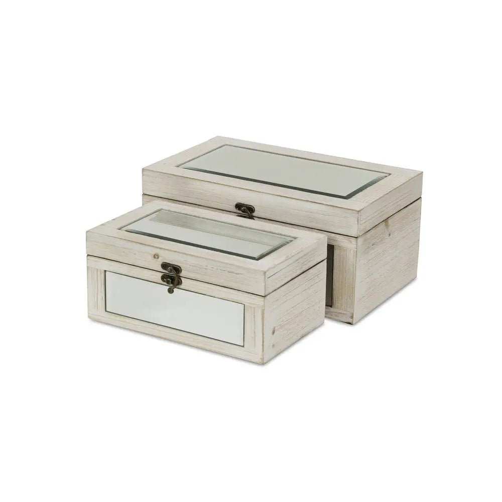 Set of Two White Wood And Mirrored Glass Box With Lid - NOBLE HOME INTERIORS