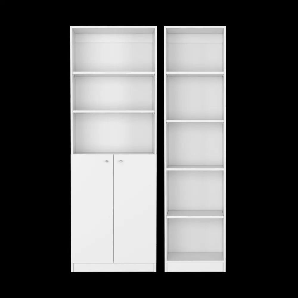 Set of Two White Wood Five Tier Modular Bookcase with Two Doors - NOBLE HOME INTERIORS