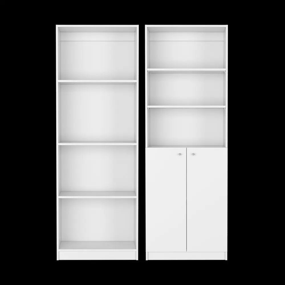 Set of Two White Wood Seven Tier Modular Bookcase with Two Doors - NOBLE HOME INTERIORS