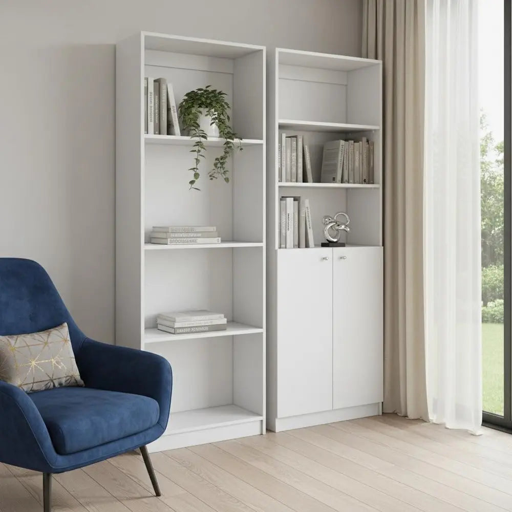 Set of Two White Wood Seven Tier Modular Bookcase with Two Doors - NOBLE HOME INTERIORS