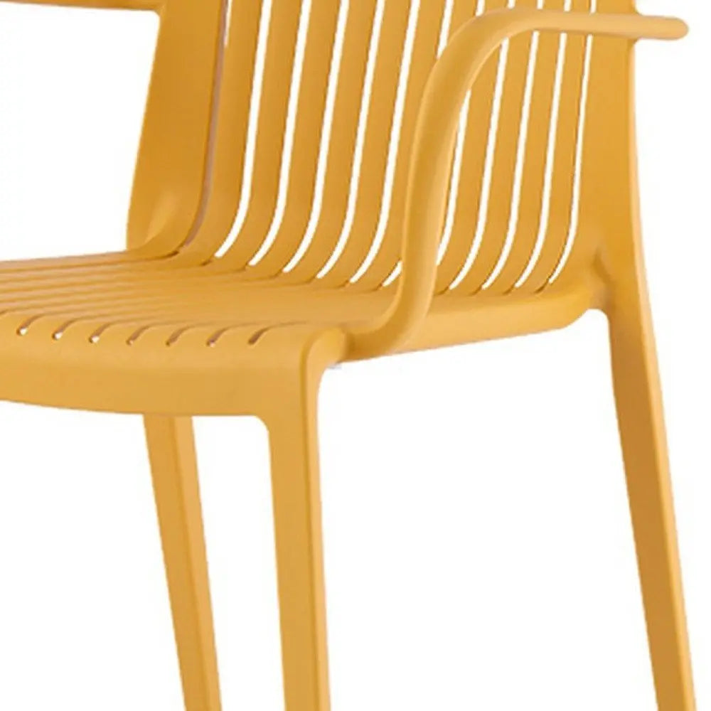 Set of Two Yellow Heavy Duty Plastic Outdoor Stacking Arm Chairs - NOBLE HOME INTERIORS