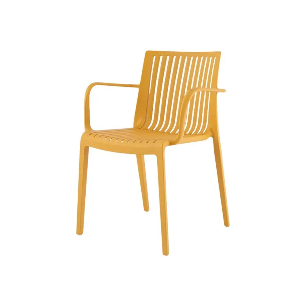 Set of Two Yellow Heavy Duty Plastic Outdoor Stacking Arm Chairs - NOBLE HOME INTERIORS