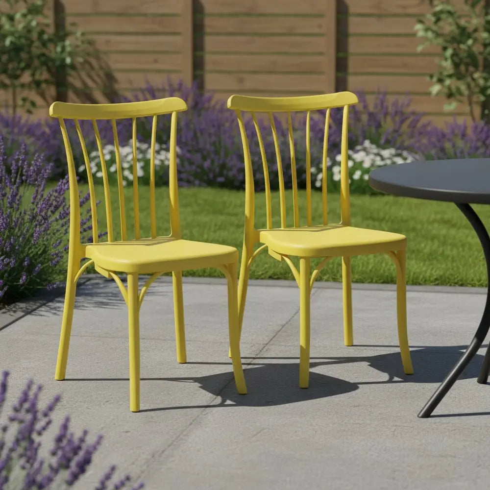 Set of Two Yellow Heavy Duty Plastic Outdoor Stacking Dining Chairs - NOBLE HOME INTERIORS