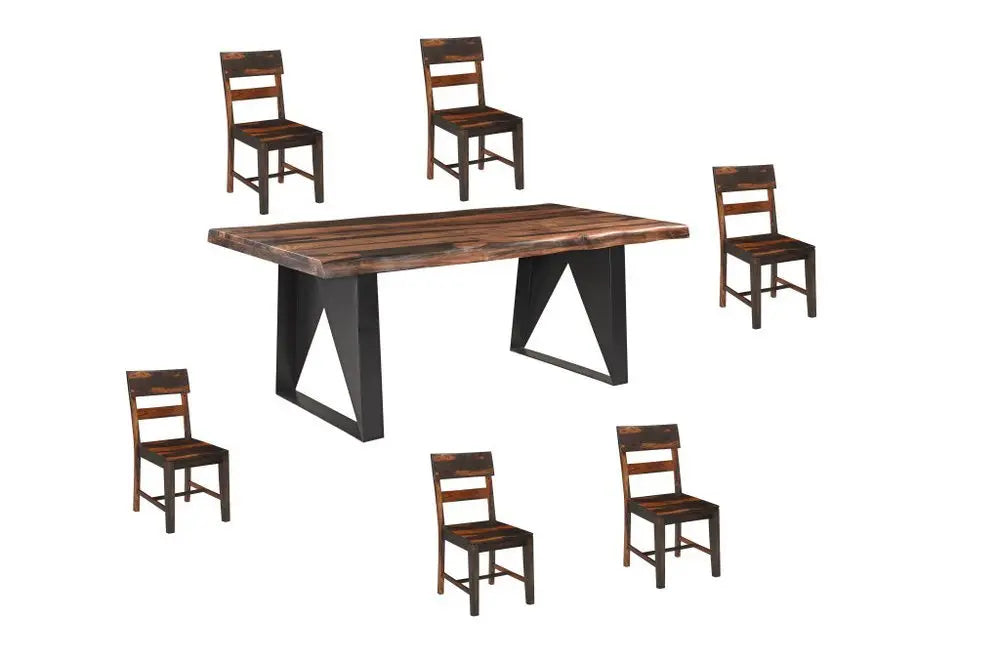 Seven Piece Brown and Black Solid Wood Dining Set with Six Chairs and One Bench - NOVA HOME FURNITURE