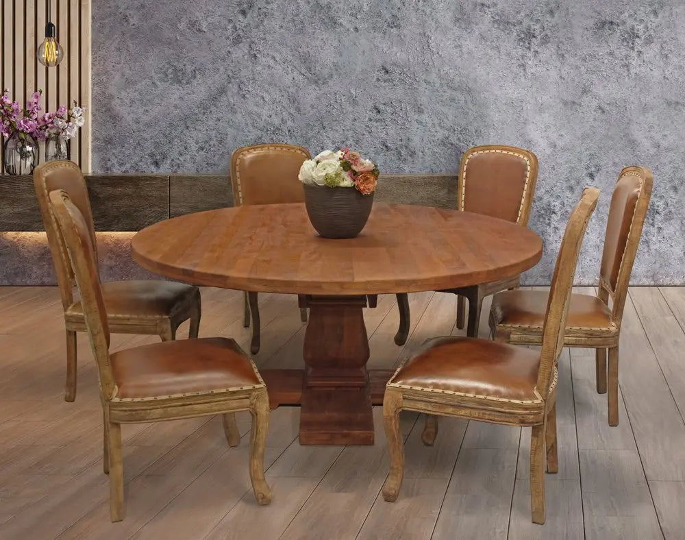 Seven Piece Brown Round Solid Wood Dining Set with Six Chairs - NOVA HOME FURNITURE