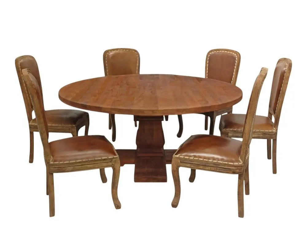 Seven Piece Brown Round Solid Wood Dining Set with Six Chairs - NOVA HOME FURNITURE