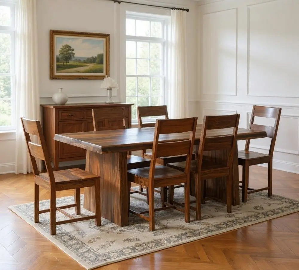 Seven Piece Brown Solid Wood Dining Set with Six Chairs - NOVA HOME FURNITURE
