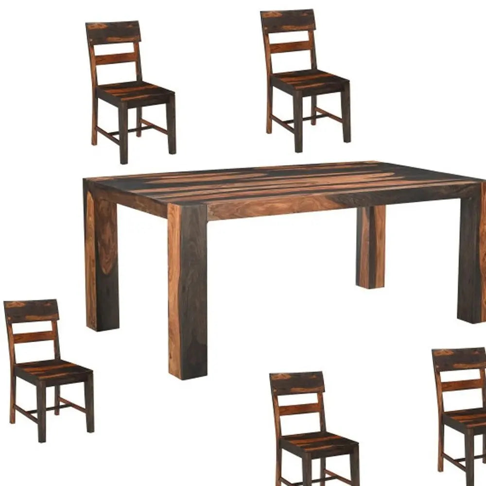 Seven Piece Brown Solid Wood Dining Set with Six Chairs and One Bench - NOVA HOME FURNITURE