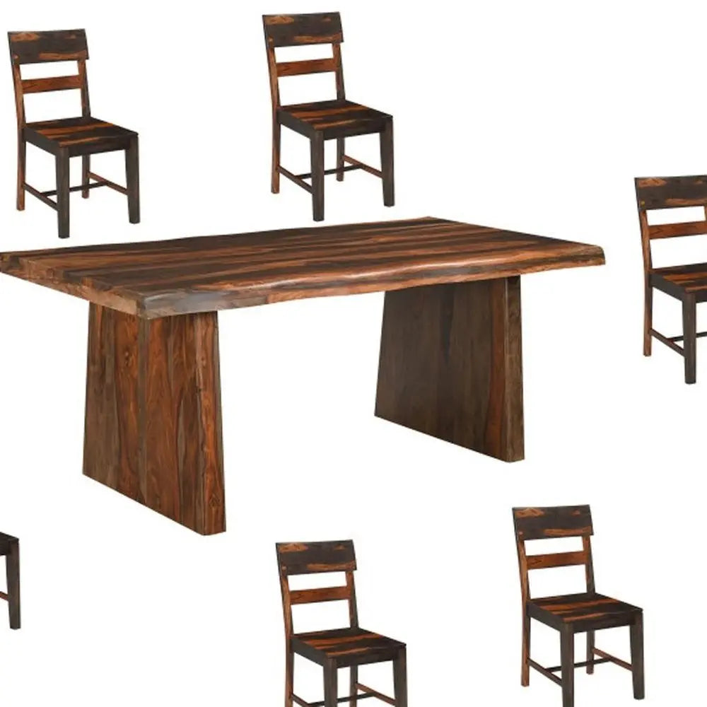 Seven Piece Brown Solid Wood Dining Set with Six Chairs and One Bench - NOVA HOME FURNITURE