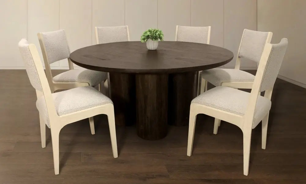 Seven Piece Dark Brown Round Solid Wood Dining Set with Six Chairs - NOVA HOME FURNITURE