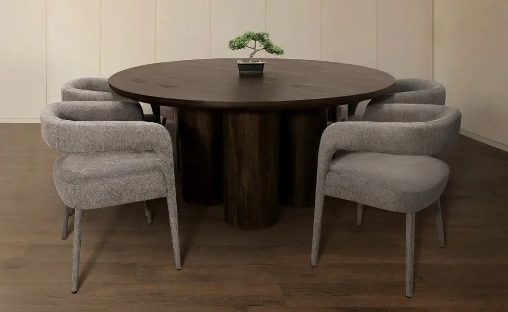 Seven Piece Dark Brown Round Solid Wood Dining Set with Six Chairs - NOVA HOME FURNITURE