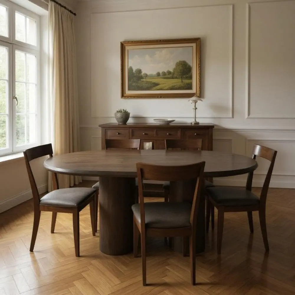 Seven Piece Dark Brown Round Solid Wood Dining Set with Six Chairs - NOVA HOME FURNITURE