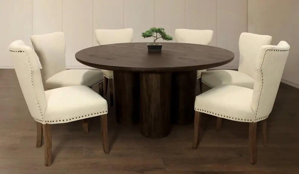 Seven Piece Dark Brown Round Solid Wood Dining Set with Six Chairs - NOVA HOME FURNITURE