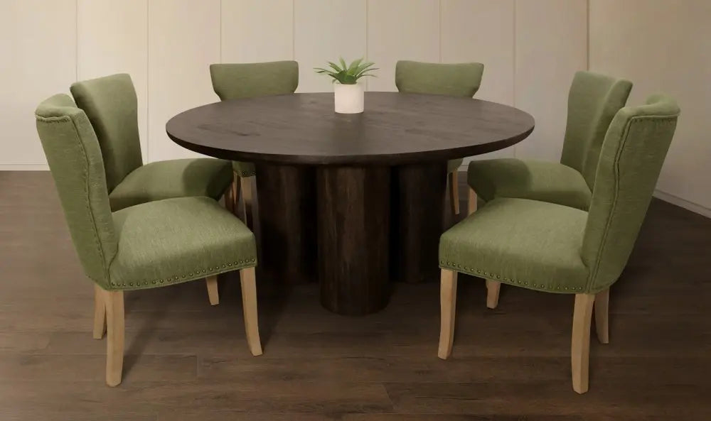 Seven Piece Dark Brown Round Solid Wood Dining Set with Six Chairs - NOVA HOME FURNITURE