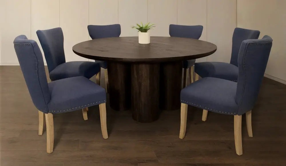 Seven Piece Dark Brown Round Solid Wood Dining Set with Six Chairs - NOVA HOME FURNITURE