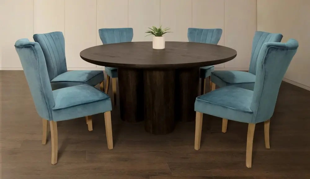 Seven Piece Dark Brown Round Solid Wood Dining Set with Six Chairs - NOBLE HOME INTERIORS