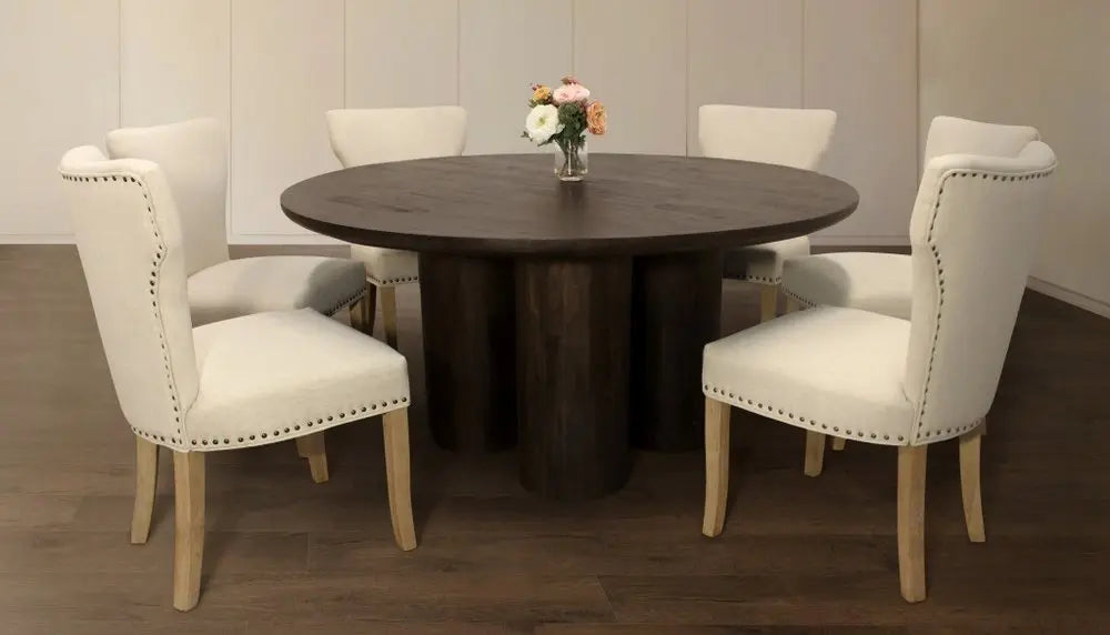 Seven Piece Dark Brown Round Solid Wood Dining Set with Six Chairs - NOVA HOME FURNITURE