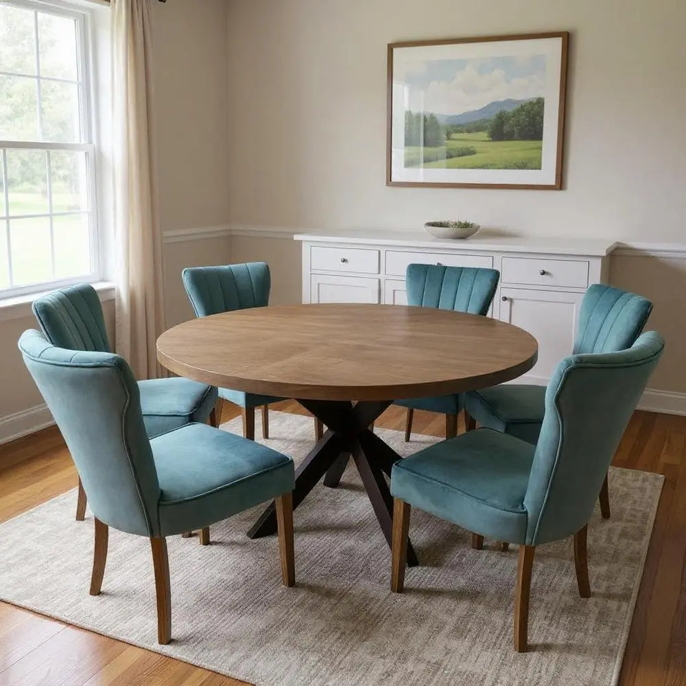 Seven Piece Gray and Black Round Solid Wood Dining Set with Six Chairs - NOVA HOME FURNITURE