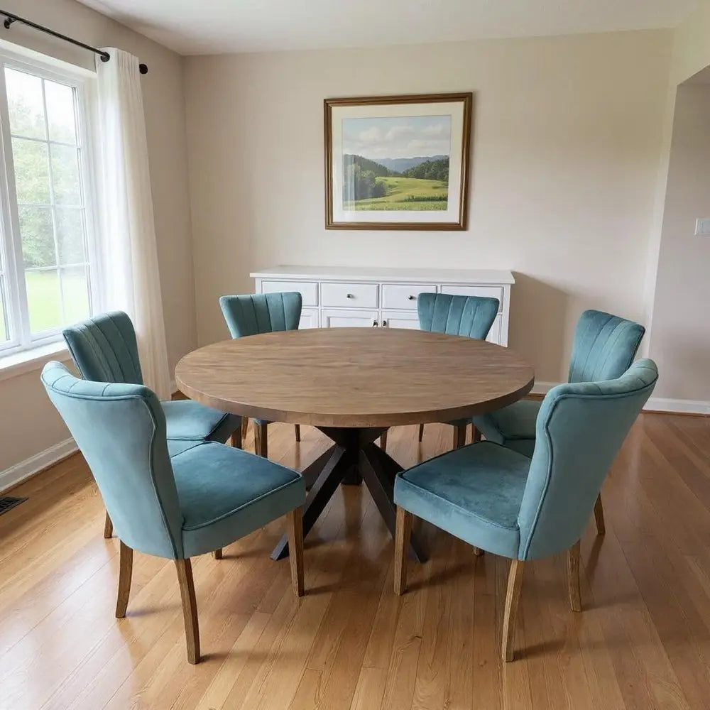 Seven Piece Gray and Black Round Solid Wood Dining Set with Six Chairs - NOVA HOME FURNITURE