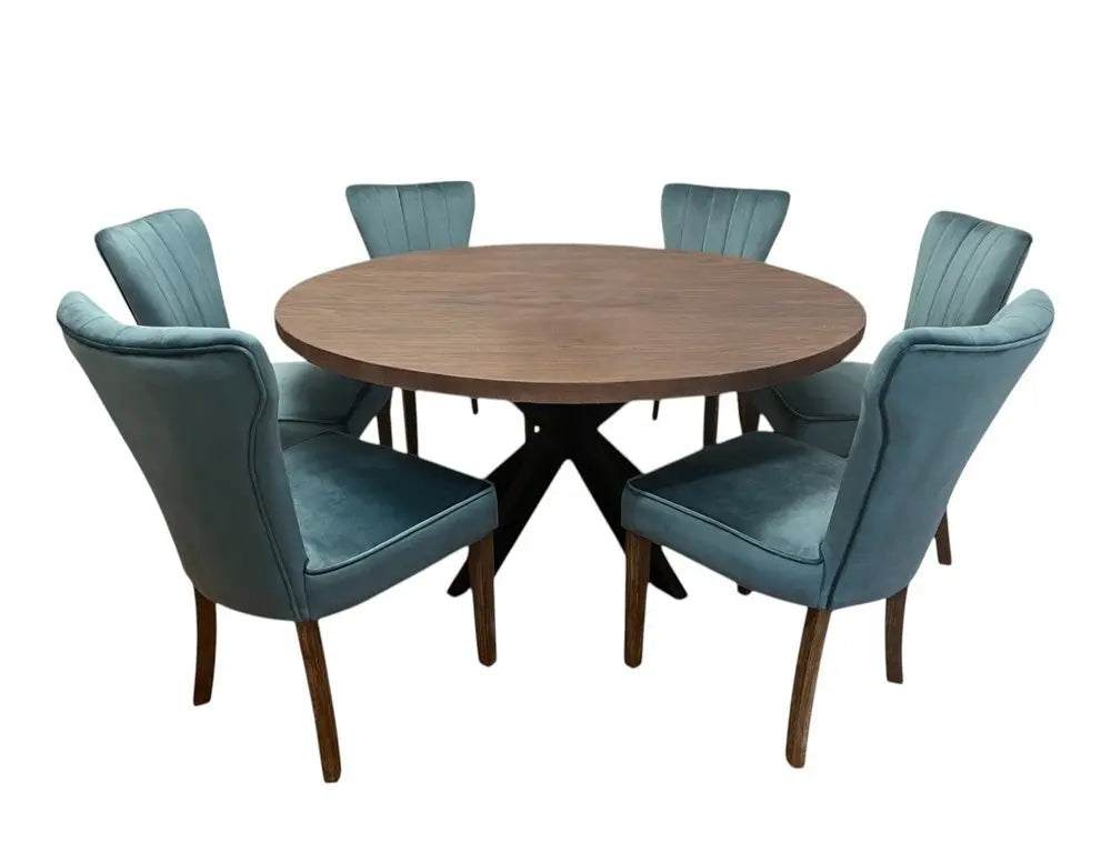 Seven Piece Gray and Black Round Solid Wood Dining Set with Six Chairs - NOVA HOME FURNITURE