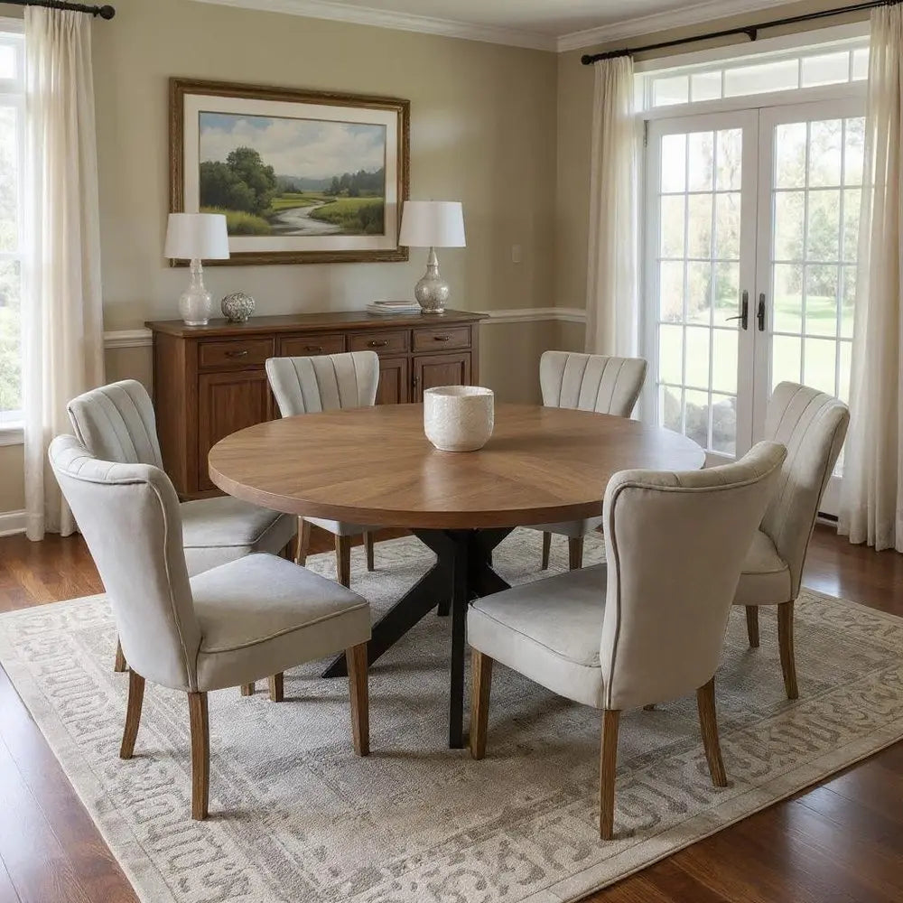 Seven Piece Gray and Black Round Solid Wood Dining Set with Six Chairs - NOVA HOME FURNITURE