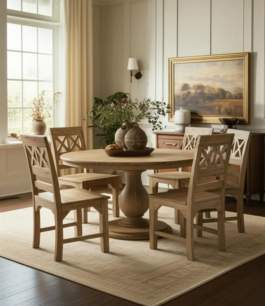 Seven Piece Natural Round Solid Wood Dining Set with Six Chairs - NOVA HOME FURNITURE