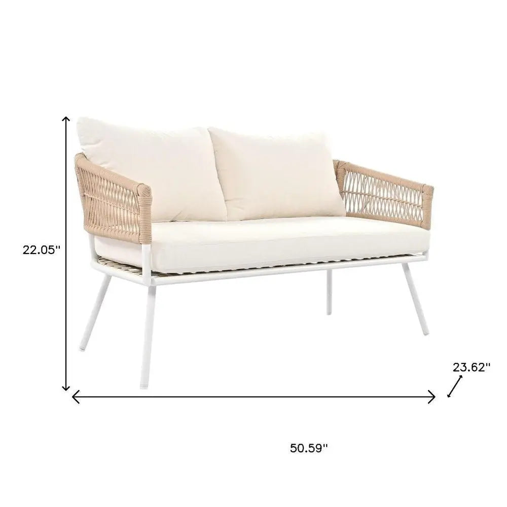 Six Piece White and Beige Metal Upholstered Cushions Sofa Seating Group With Table - NOBLE HOME INTERIORS