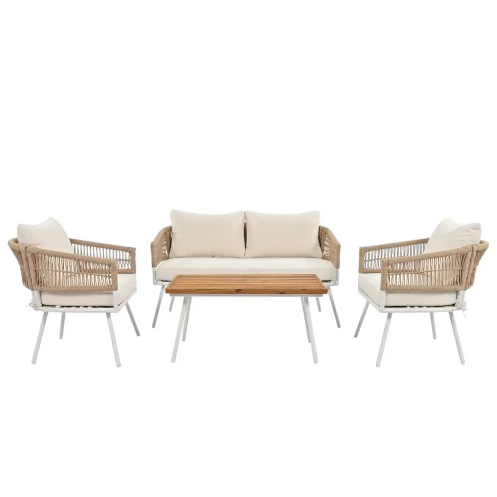Six Piece White and Beige Metal Upholstered Cushions Sofa Seating Group With Table - NOBLE HOME INTERIORS