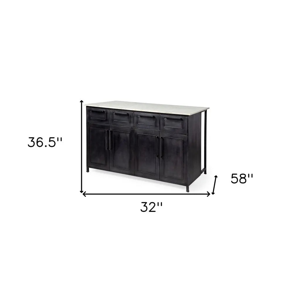 Solid Iron Black Body White Marble Top Kitchen Island With 4 Drawer - NOBLE HOME INTERIORS