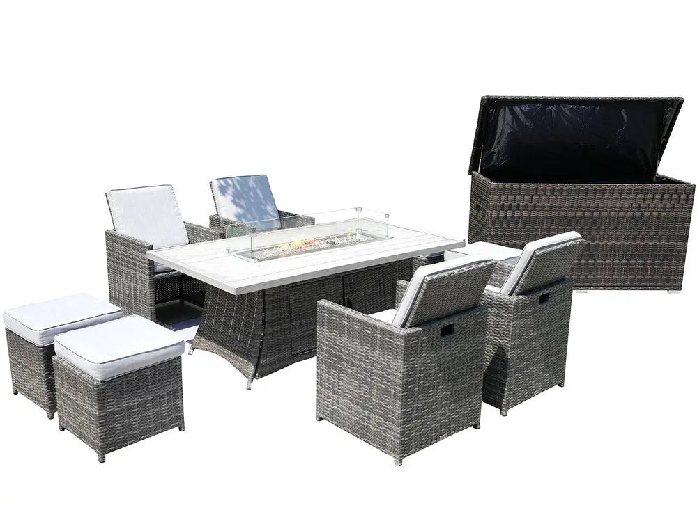 Ten Piece Outdoor Gray Wicker Multiple Chairs Seating Group Fire Pit Included with White Cushions - NOBLE HOME INTERIORS