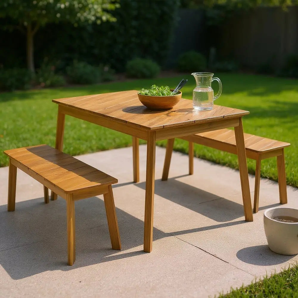 Three Piece Natural Solid Wood Outdoor Patio Set With Table - NOBLE HOME INTERIORS