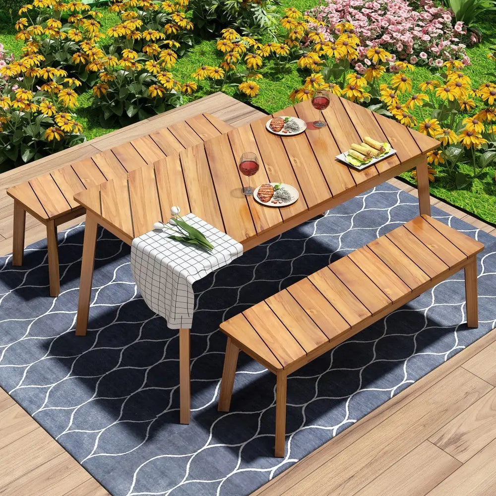 Three Piece Natural Solid Wood Outdoor Patio Set With Table - NOBLE HOME INTERIORS