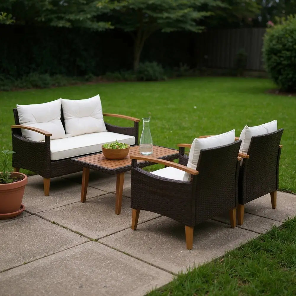 Three Piece Outdoor Beige Rattan Sofa Seating Group with Beige Cushions - NOBLE HOME INTERIORS