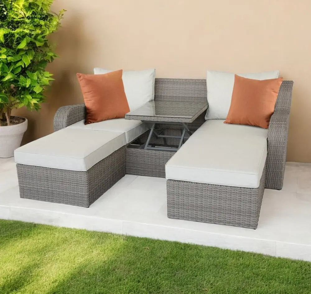 Three Piece Outdoor Gray Wicker Sectional Seating Group with Beige Cushions - NOBLE HOME INTERIORS