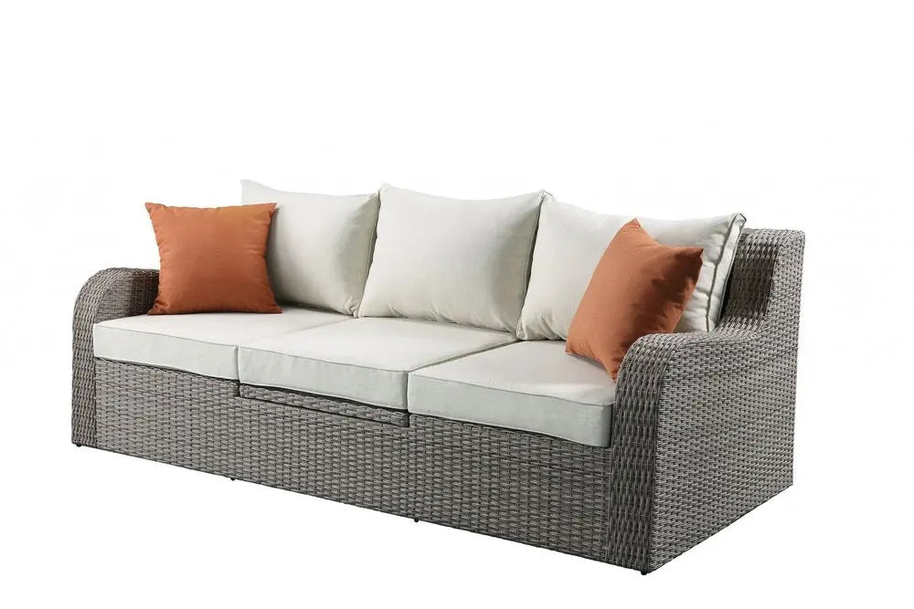Three Piece Outdoor Gray Wicker Sectional Seating Group with Beige Cushions - NOBLE HOME INTERIORS