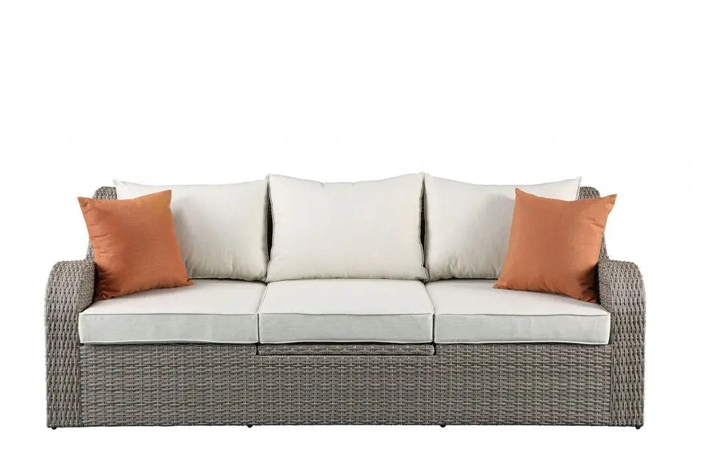 Three Piece Outdoor Gray Wicker Sectional Seating Group with Beige Cushions - NOBLE HOME INTERIORS