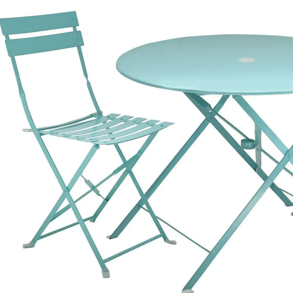 Three Piece Teal Blue Round Metal Dining Set with Two Chairs - NOBLE HOME INTERIORS