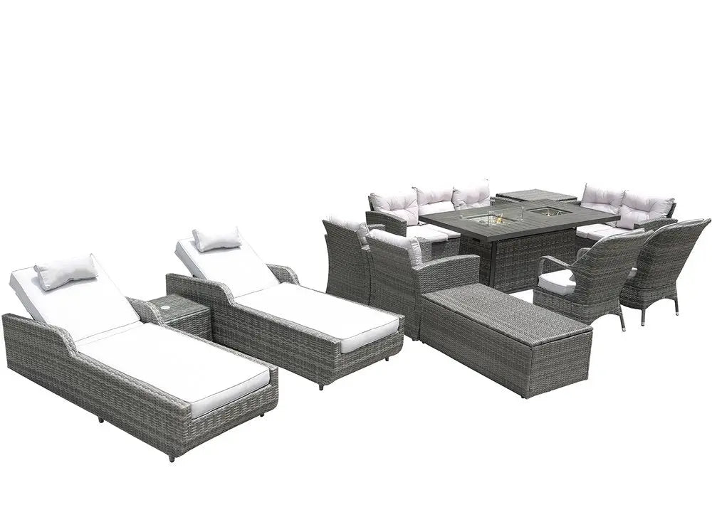 Twelve Piece Outdoor Gray Wicker Multiple Chairs Seating Group Fire Pit Included with White Cushions - NOBLE HOME INTERIORS